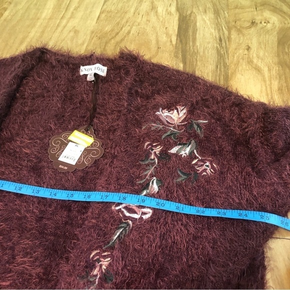 NWT Knox Rose Wine Purple Embroidered Open Fuzzy Cardigan Sweater Womens Size XL - Picture 9 of 12